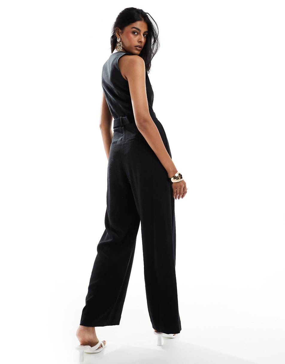 & Other Stories tailored wide leg jumpsuit with belt in black