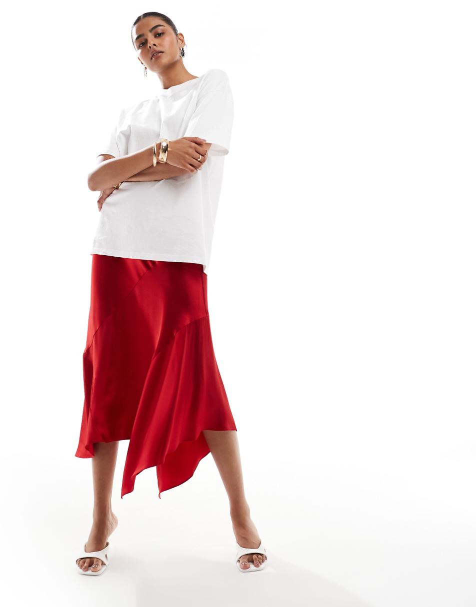 & Other Stories satin asymmetric paneled midi skirt in red