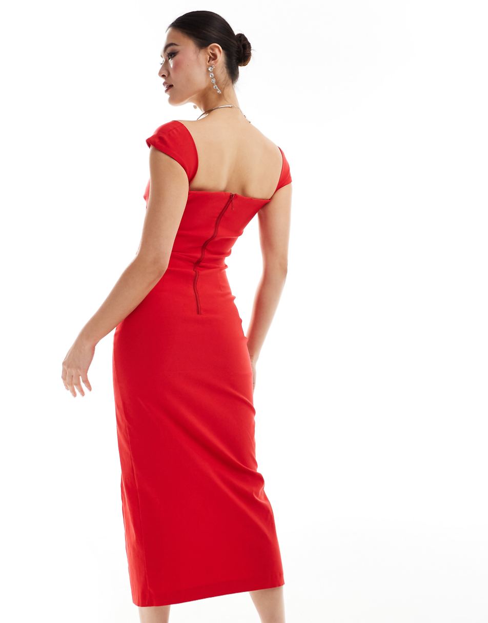 Vesper sweetheart neckline cap sleeve midaxi thigh split dress in red