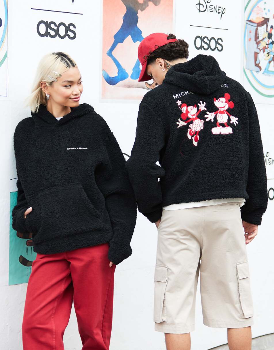 ASOS DESIGN Disney unisex oversized borg boxy hoodie with Mickey Mouse & Minnie Mouse embroidery in black