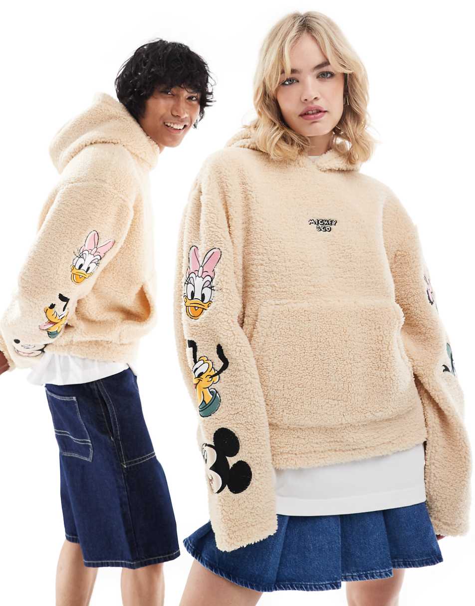 ASOS DESIGN Disney unisex oversized borg boxy hoodie with Mickey Mouse & Friends embroidery in beige