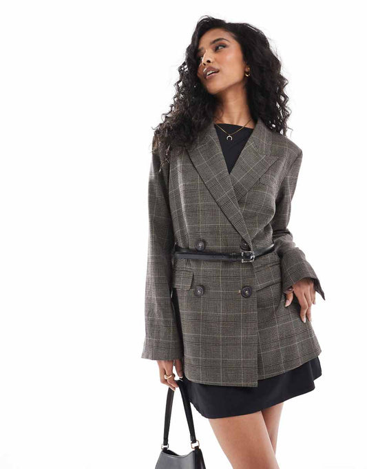 ASOS DESIGN check blazer with PU belt