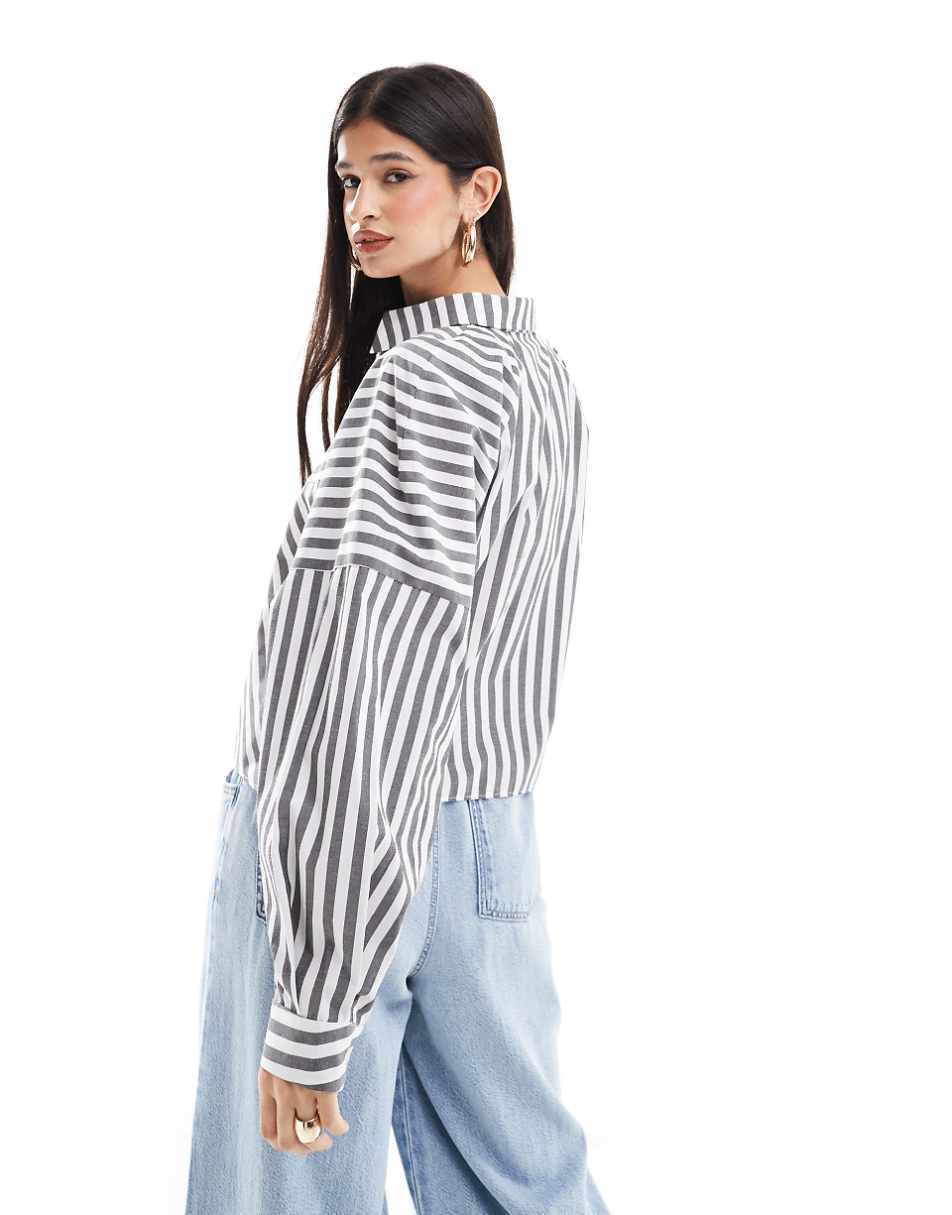 ASOS DESIGN spliced detail balloon sleeve shirt in gray stripe