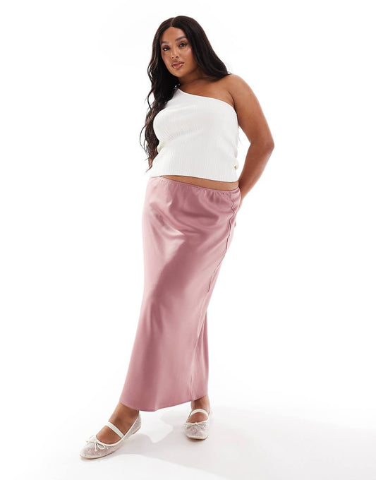 ASOS DESIGN Curve satin bias midi skirt in rose