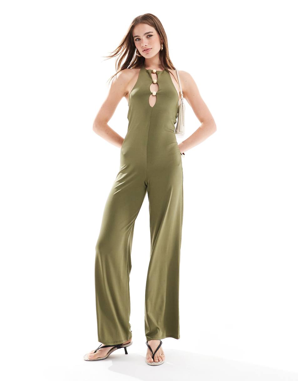 ASOS DESIGN cut-out front bead detail wide leg jumpsuit