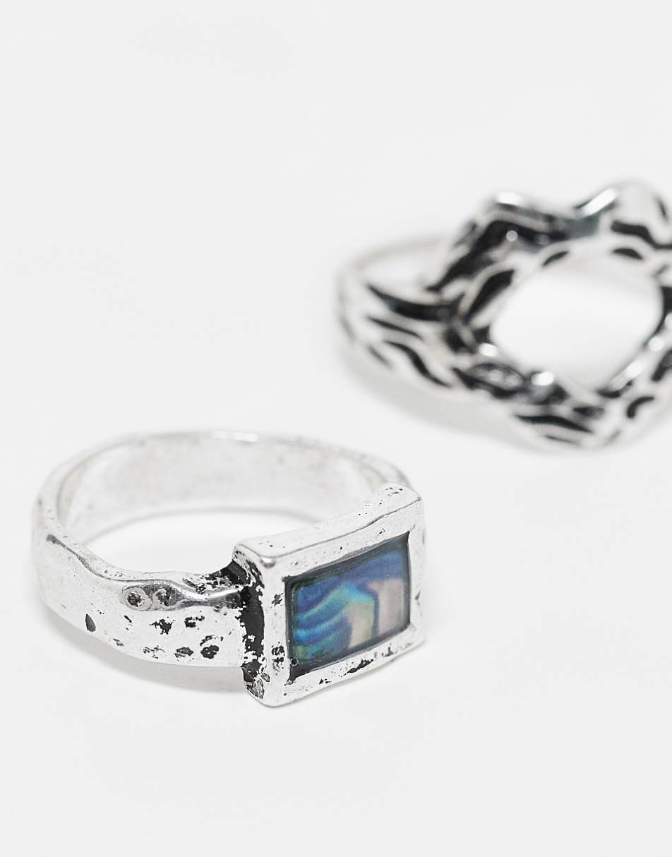 Reclaimed Vintage unisex ring 2 pack in molten silver