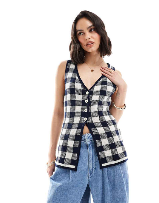 ASOS DESIGN knit split front v neck vest in navy gingham