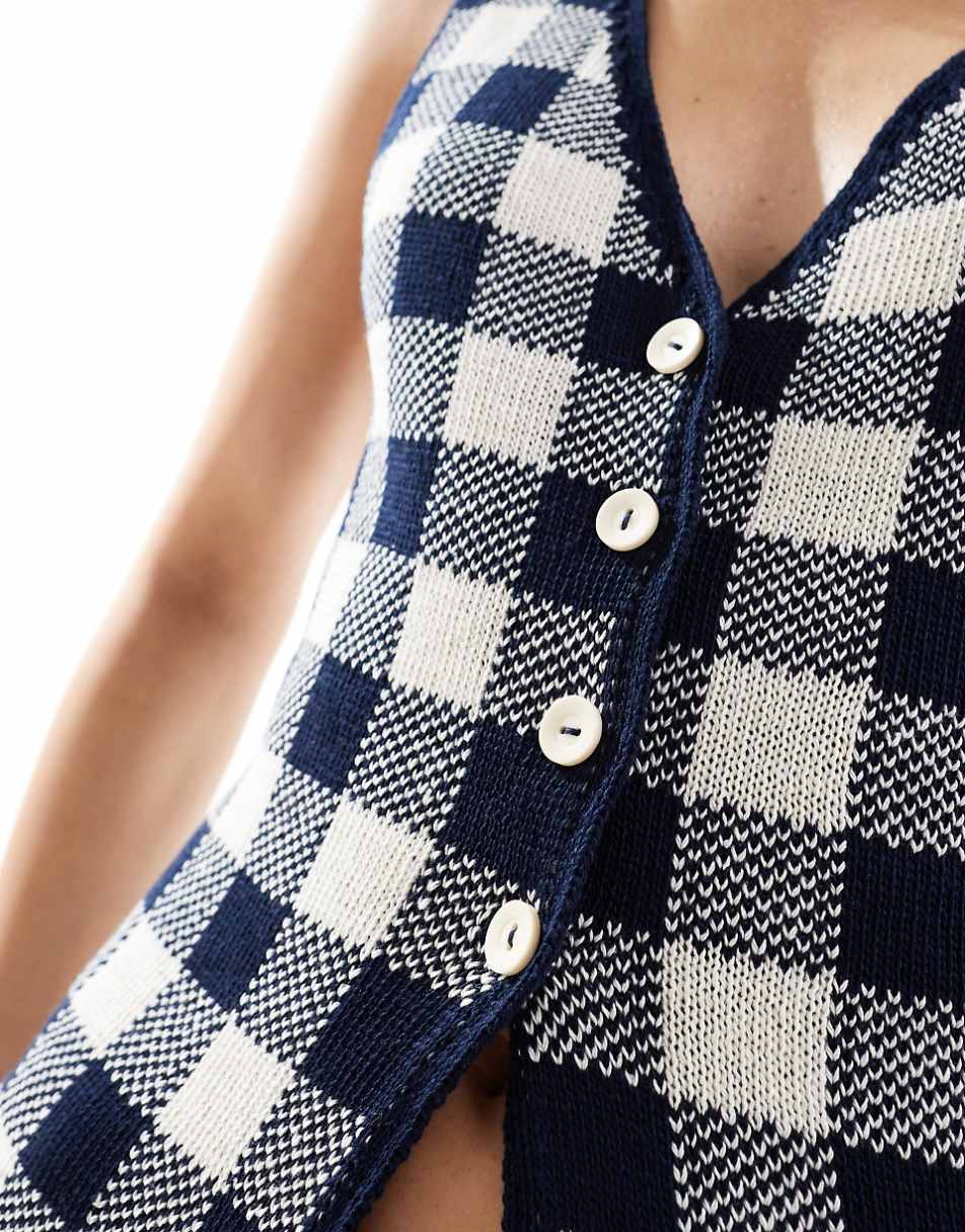 ASOS DESIGN knit split front v neck vest in navy gingham