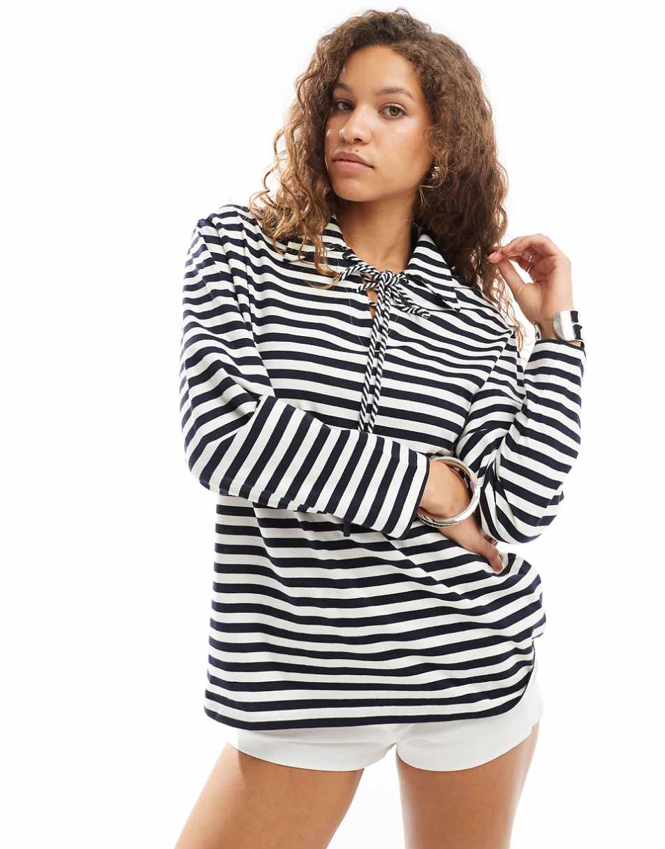 Urban Revivo tie detail relaxed striped sweater in blue and white