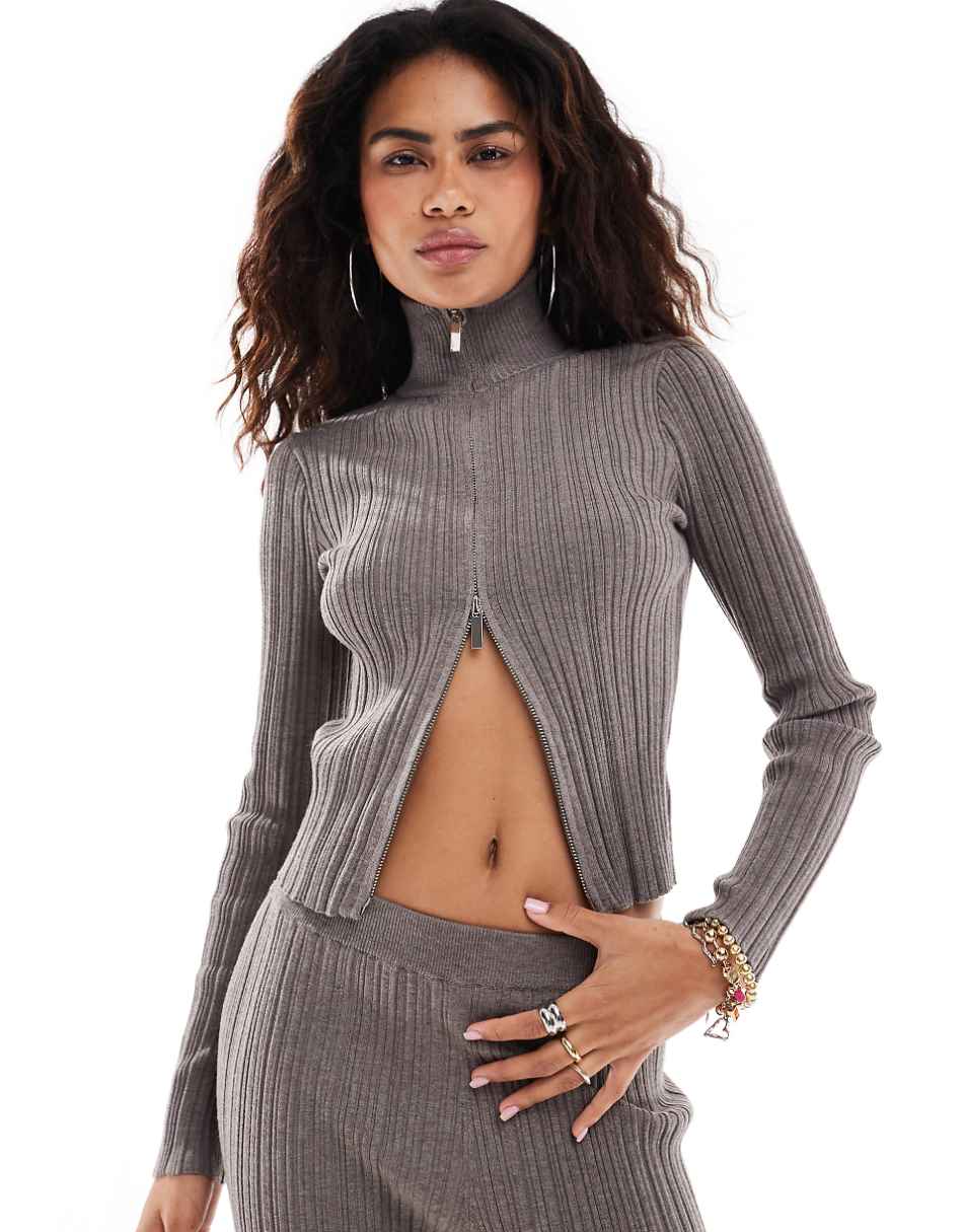 Urban Revivo plissed zip up funnel neck sweater in taupe - part of a set