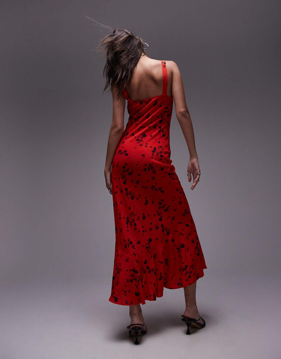 Topshop fluted hem slip midi dress in red floral