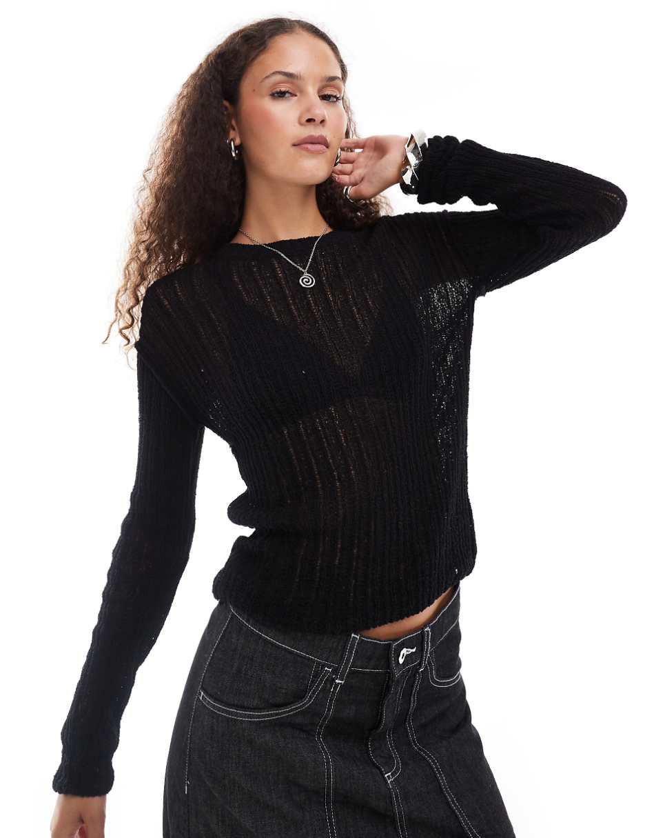 Weekday slim fit lightweight ribbed sweater in black