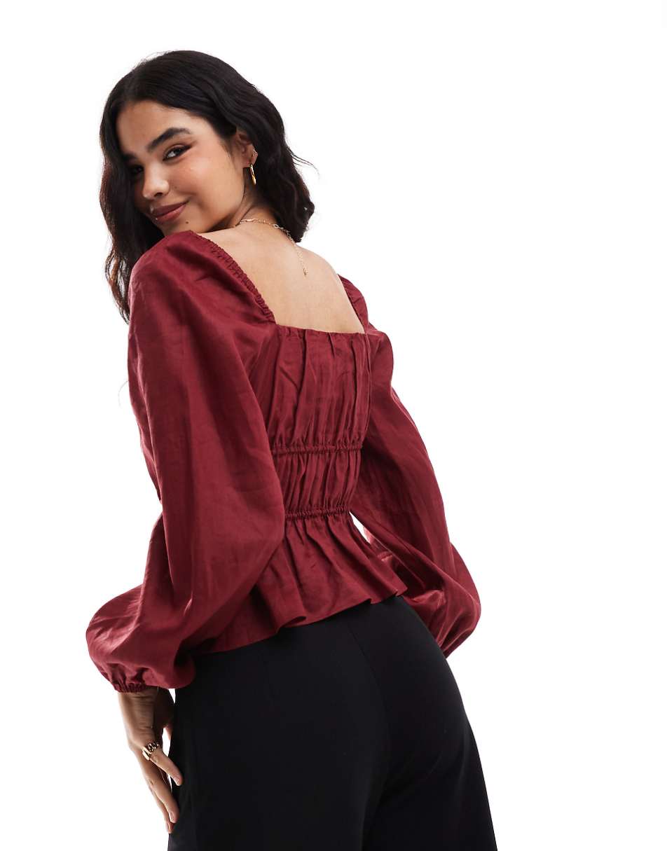 & Other Stories linen blend long sleeve ruched top in burgundy red