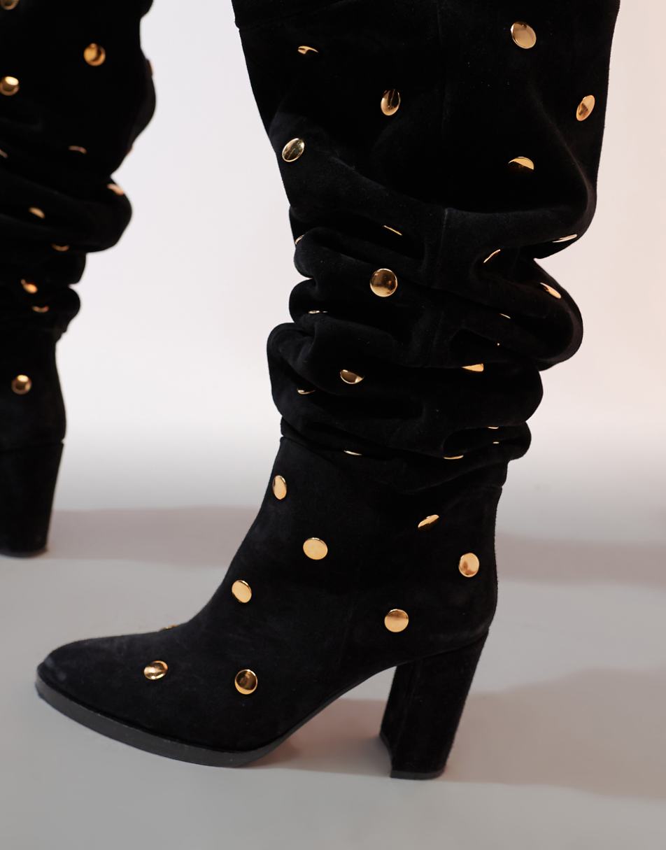 ASOS DESIGN King premium suede over-the-knee boots with gold studs in black