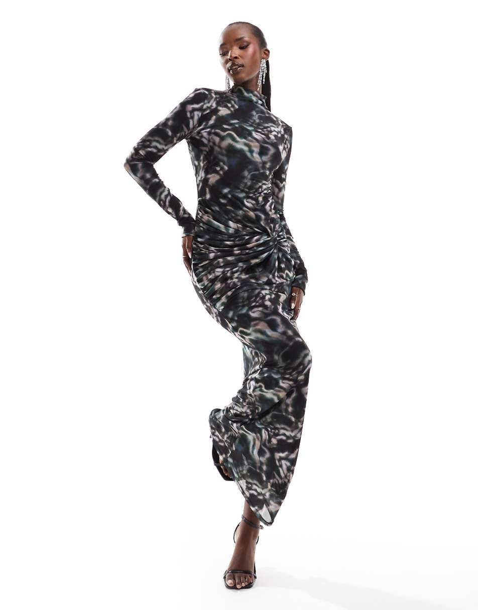 ASOS DESIGN long sleeve mesh maxi dress with ruching in dark abstract print