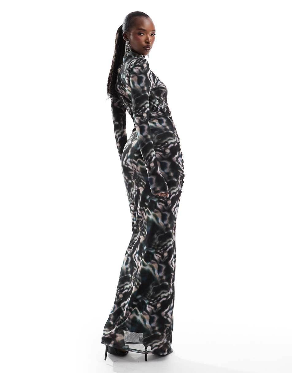 ASOS DESIGN long sleeve mesh maxi dress with ruching in dark abstract print