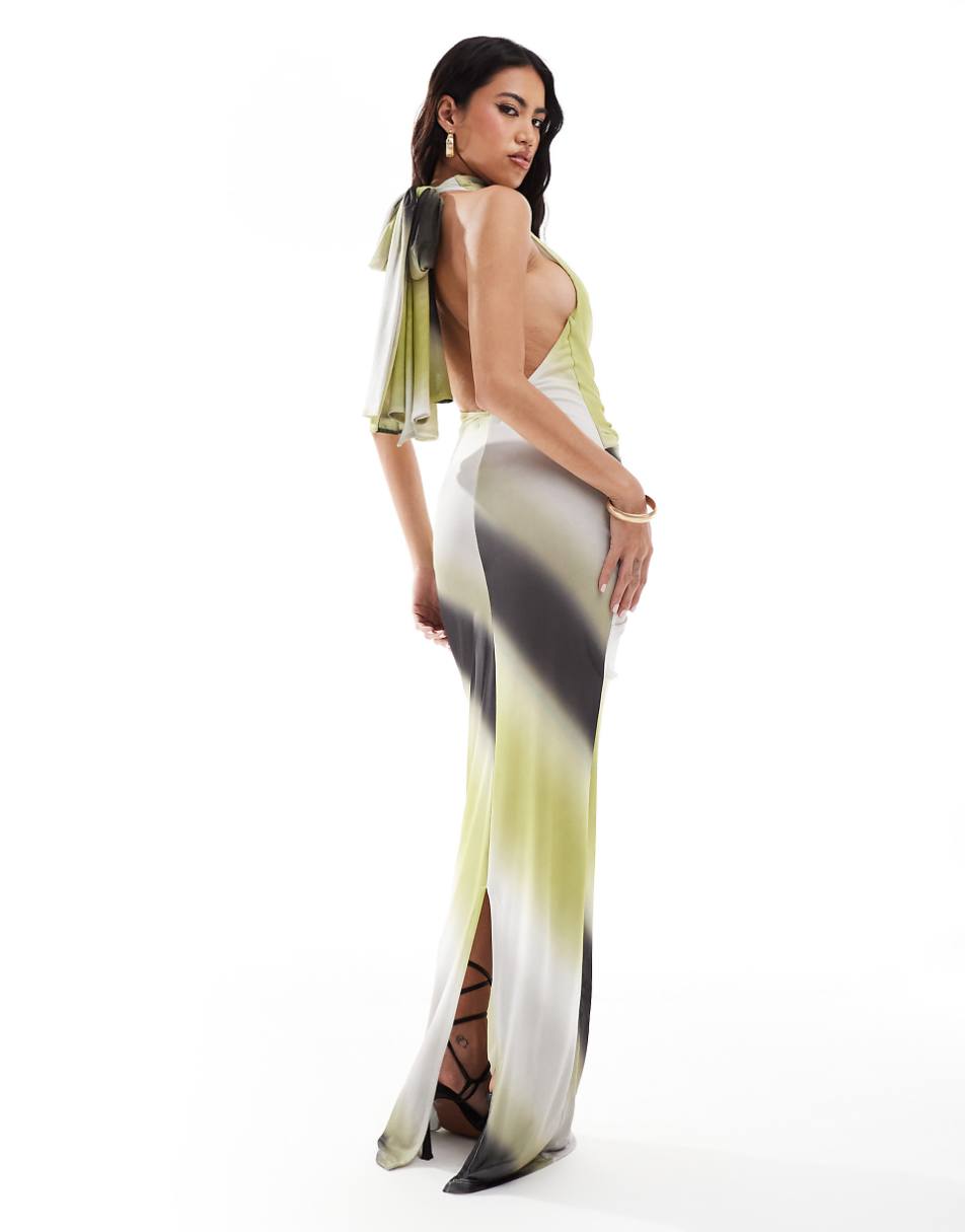 ASOS DESIGN mesh twist bust detail halter maxi dress with tie back neck in abstract print