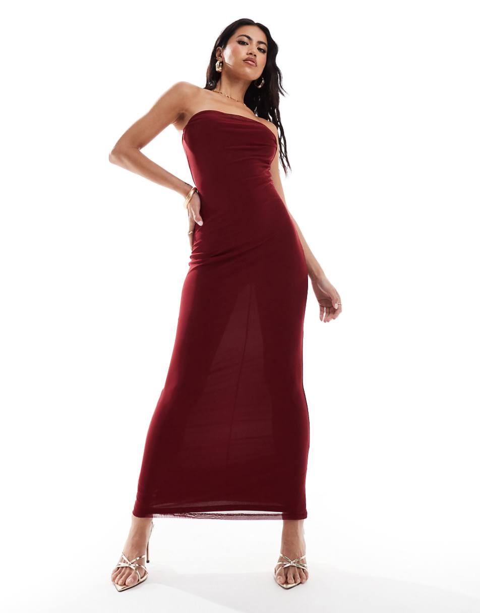 ASOS DESIGN mesh bandeau cowl neck midi dress in wine