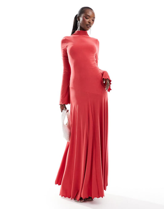 ASOS DESIGN high neck long sleeve a-line maxi dress in coral