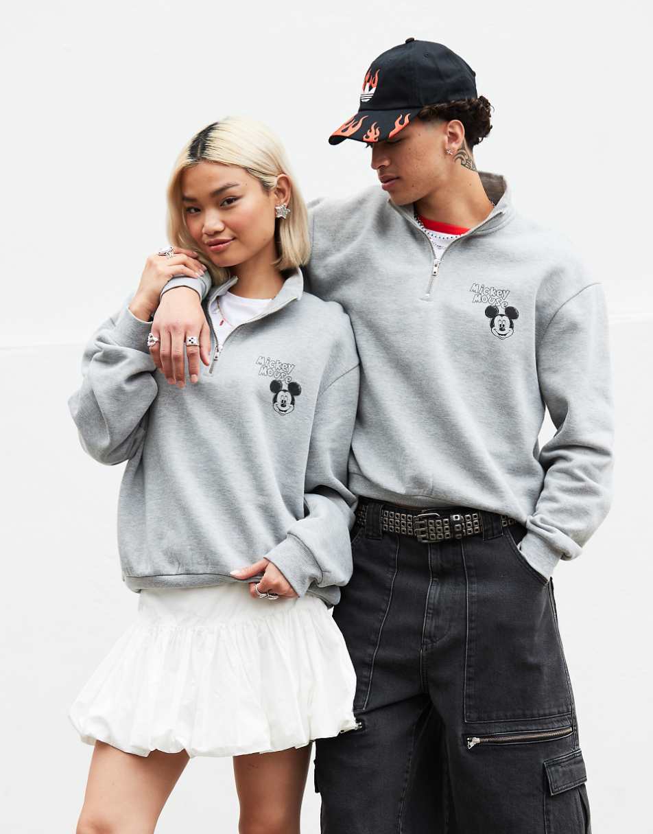 ASOS DESIGN Disney unisex oversized half zip sweatshirt with Mickey Mouse prints in gray heather