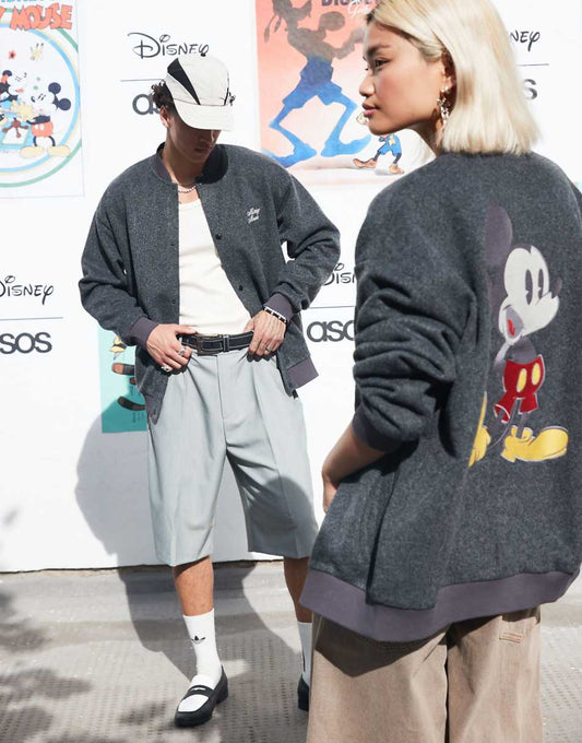 ASOS DESIGN Disney unisex oversized wool bomber jacket with Mickey Mouse prints in gray