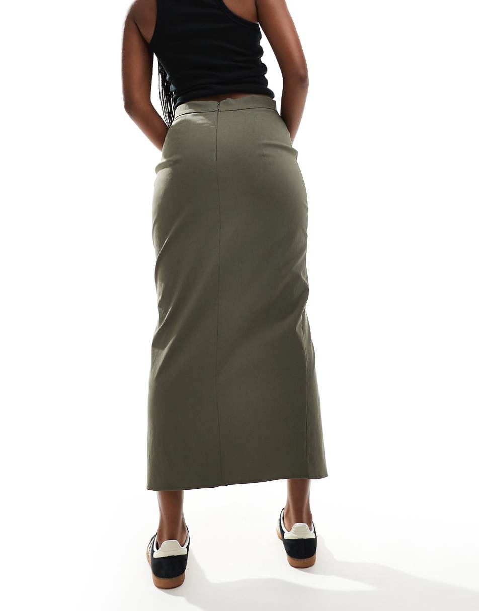 ASOS DESIGN midi skirt with front split in khaki