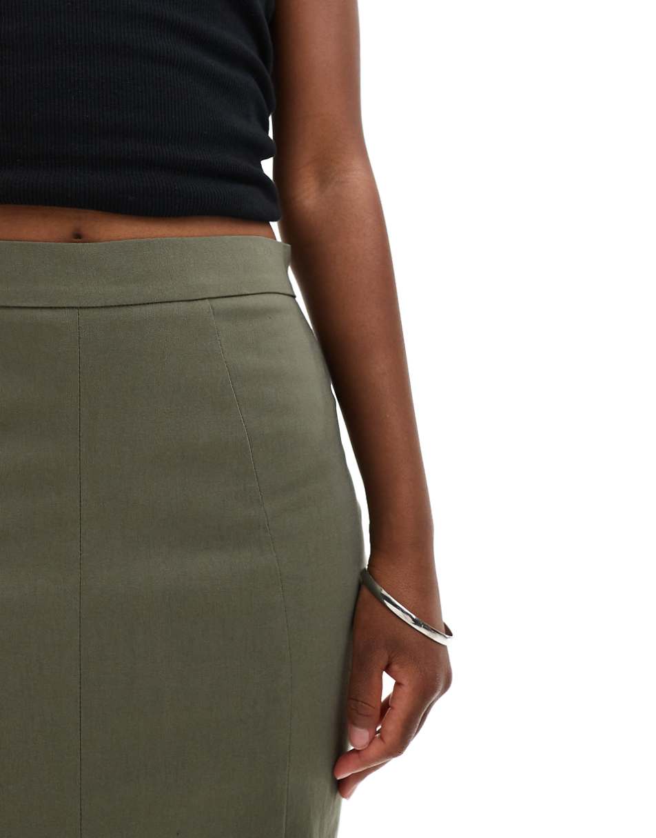 ASOS DESIGN midi skirt with front split in khaki