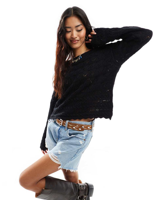 Vero Moda open knit sweater in black