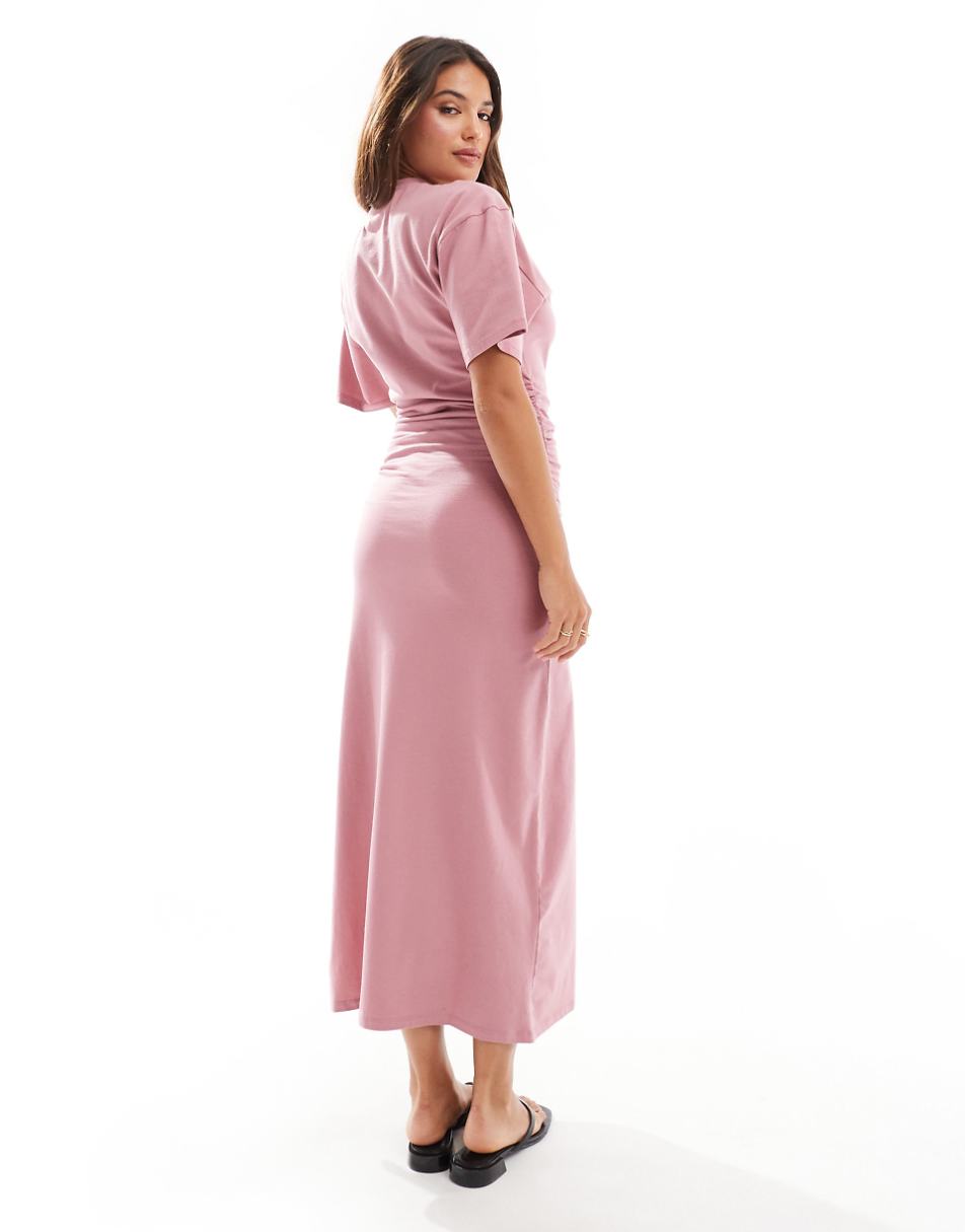 ASOS DESIGN crew neck midi T-shirt dress with ruched side in dusky rose