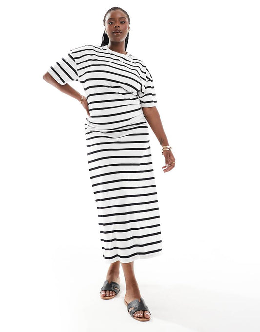 ASOS DESIGN Curve crew neck midi T-shirt dress with ruched side in black and white stripe