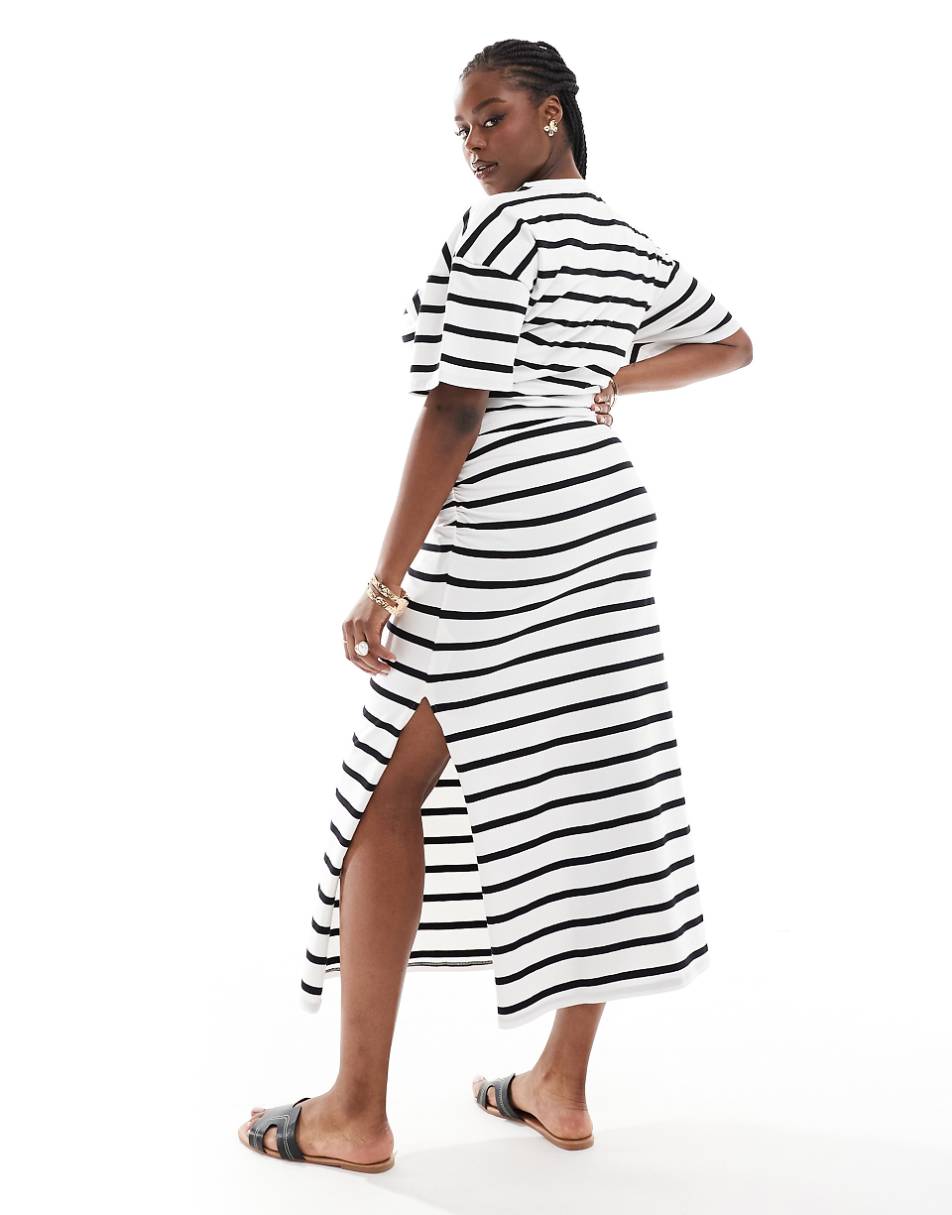 ASOS DESIGN Curve crew neck midi T-shirt dress with ruched side in black and white stripe