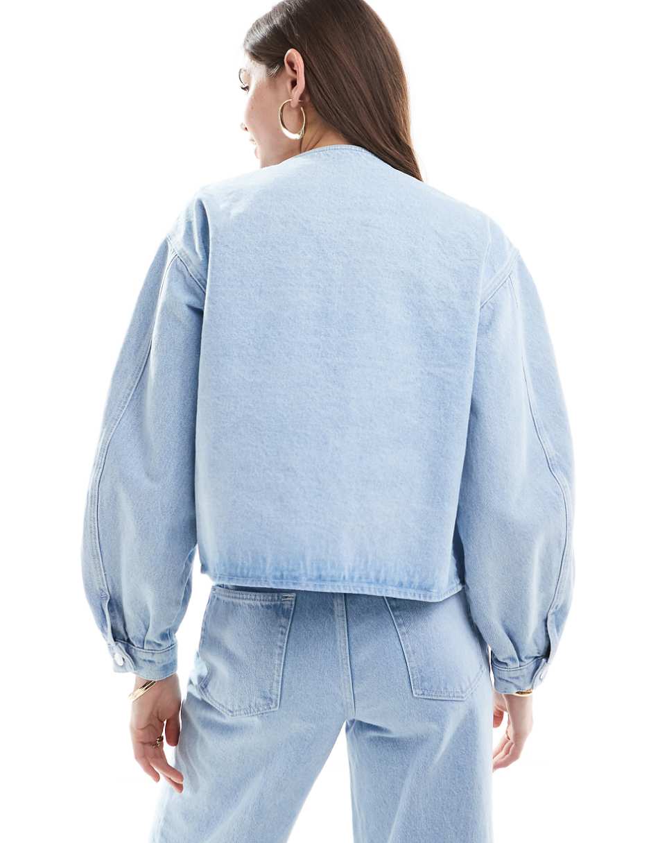 ASOS DESIGN denim collarless jacket in bleach