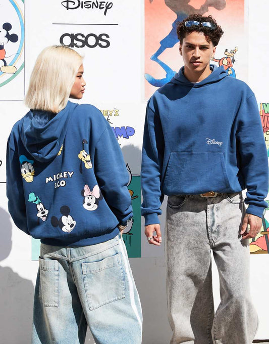 ASOS DESIGN Disney unisex oversized hoodie with Mickey Mouse & Friends prints in blue