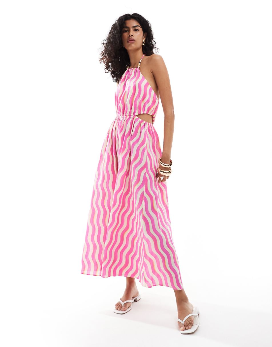 Mango wave stripe halter midi dress in pink