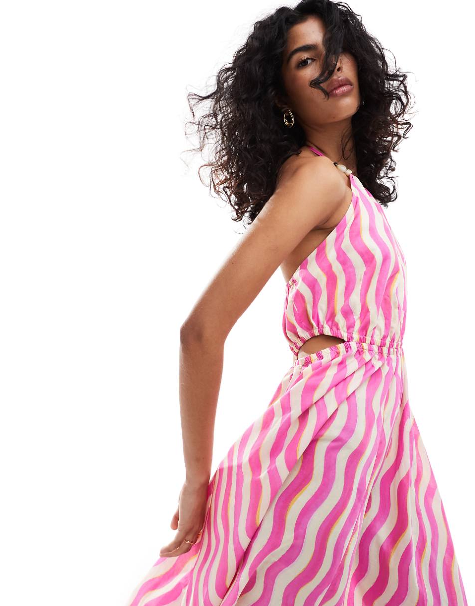 Mango wave stripe halter midi dress in pink