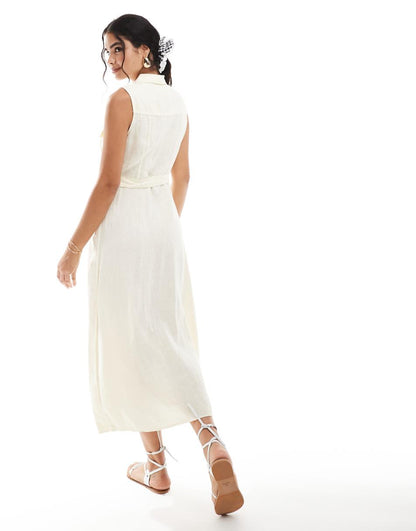 Mango linen tie front midi dress in light beige