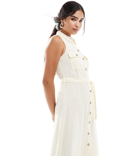 Mango linen tie front midi dress in light beige