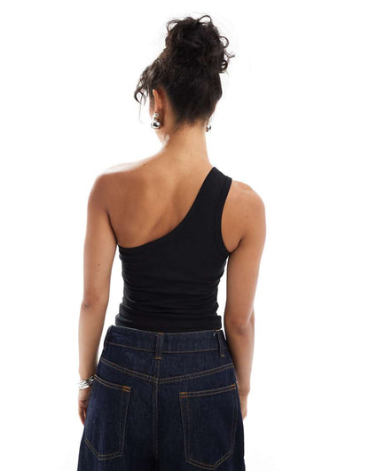 Mango one shoulder top in black