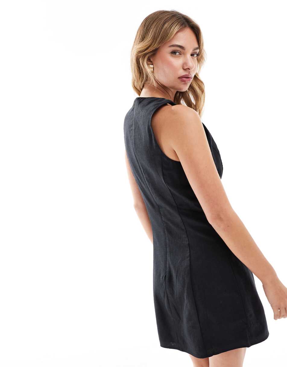 Mango linen mix tie front mini dress in black