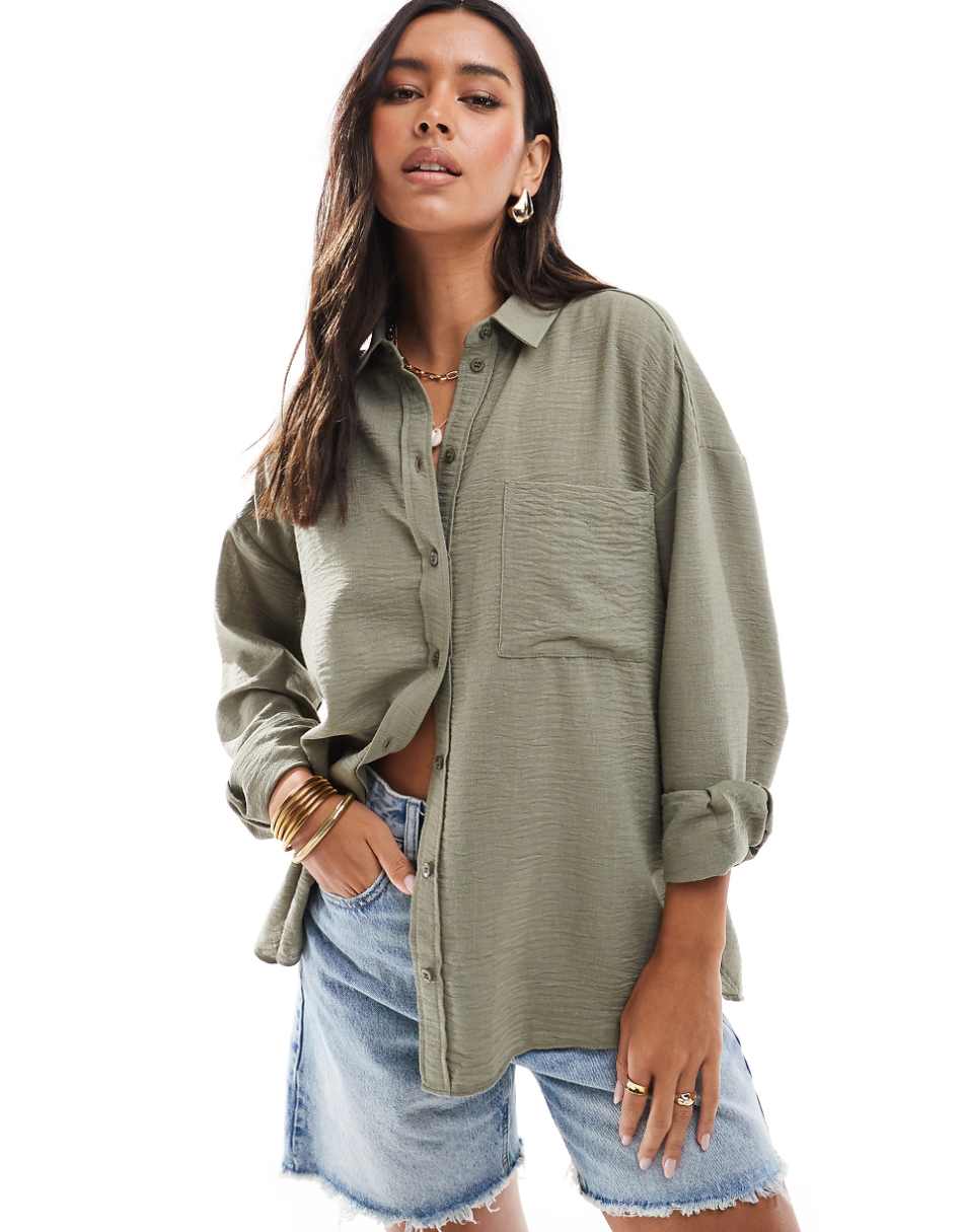 ASOS DESIGN linen-look relaxed shirt in khaki