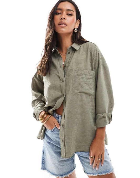 ASOS DESIGN linen-look relaxed shirt in khaki