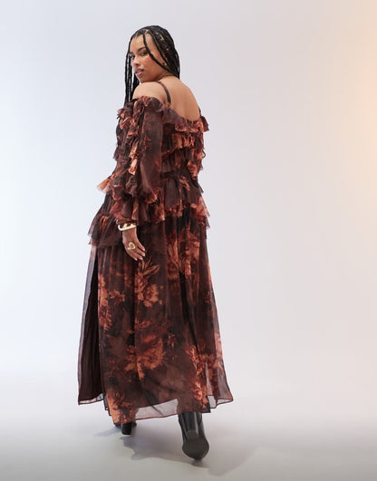 ASOS DESIGN Curve ruffle off shoulder tiered maxi dress in burgundy floral