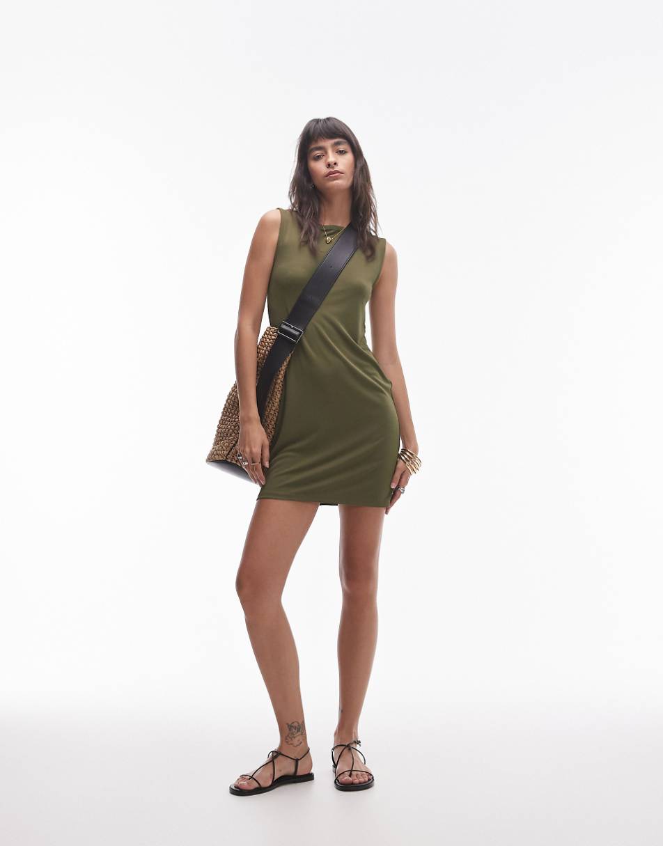 Topshop slash neck mini dress in khaki