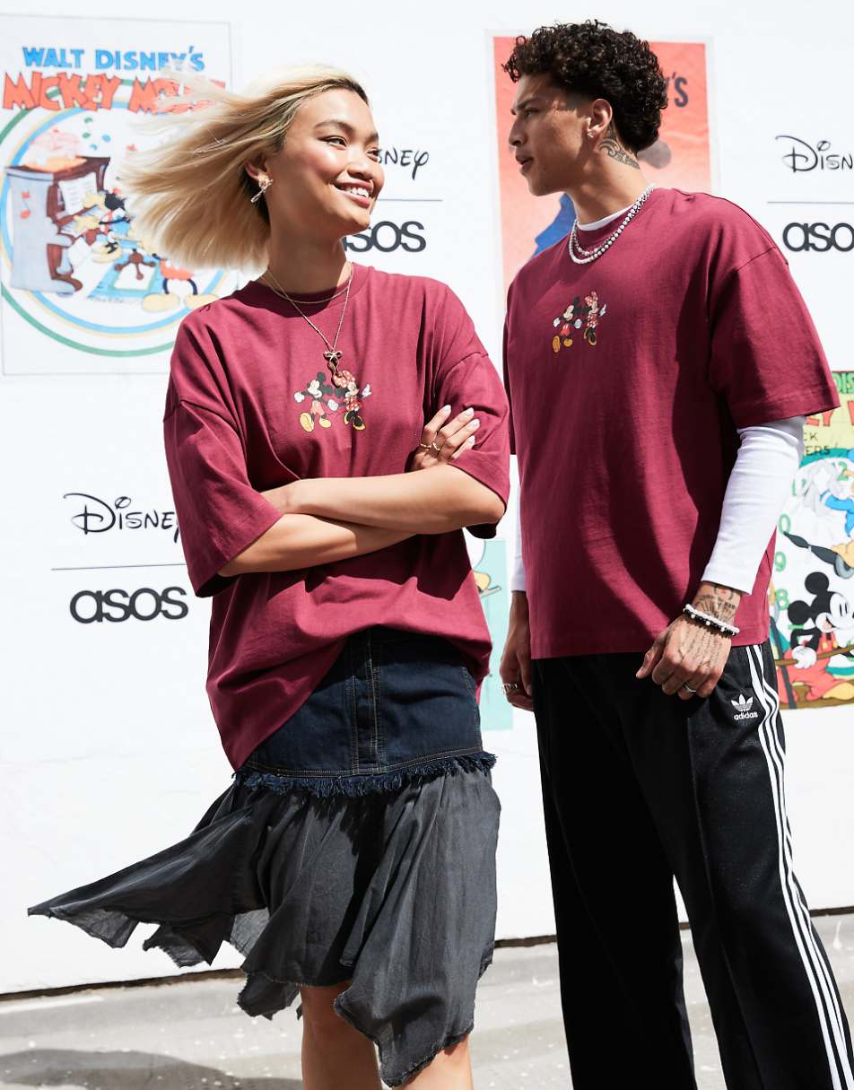 ASOS DESIGN Disney unisex oversized T-shirt with Mickey Mouse & Minnie Mouse print in burgundy