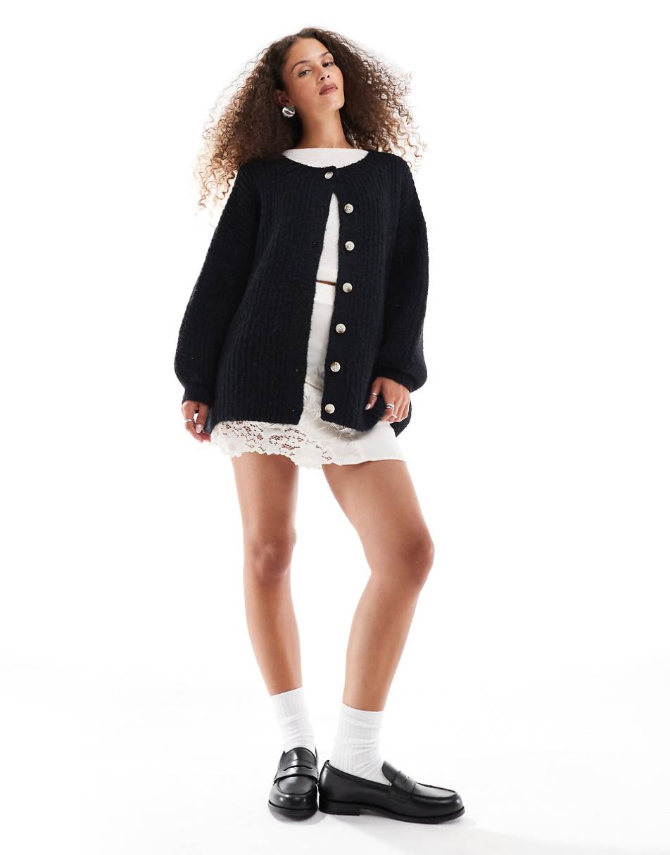 VRG GRL penelope fluffy longline cardigan in black