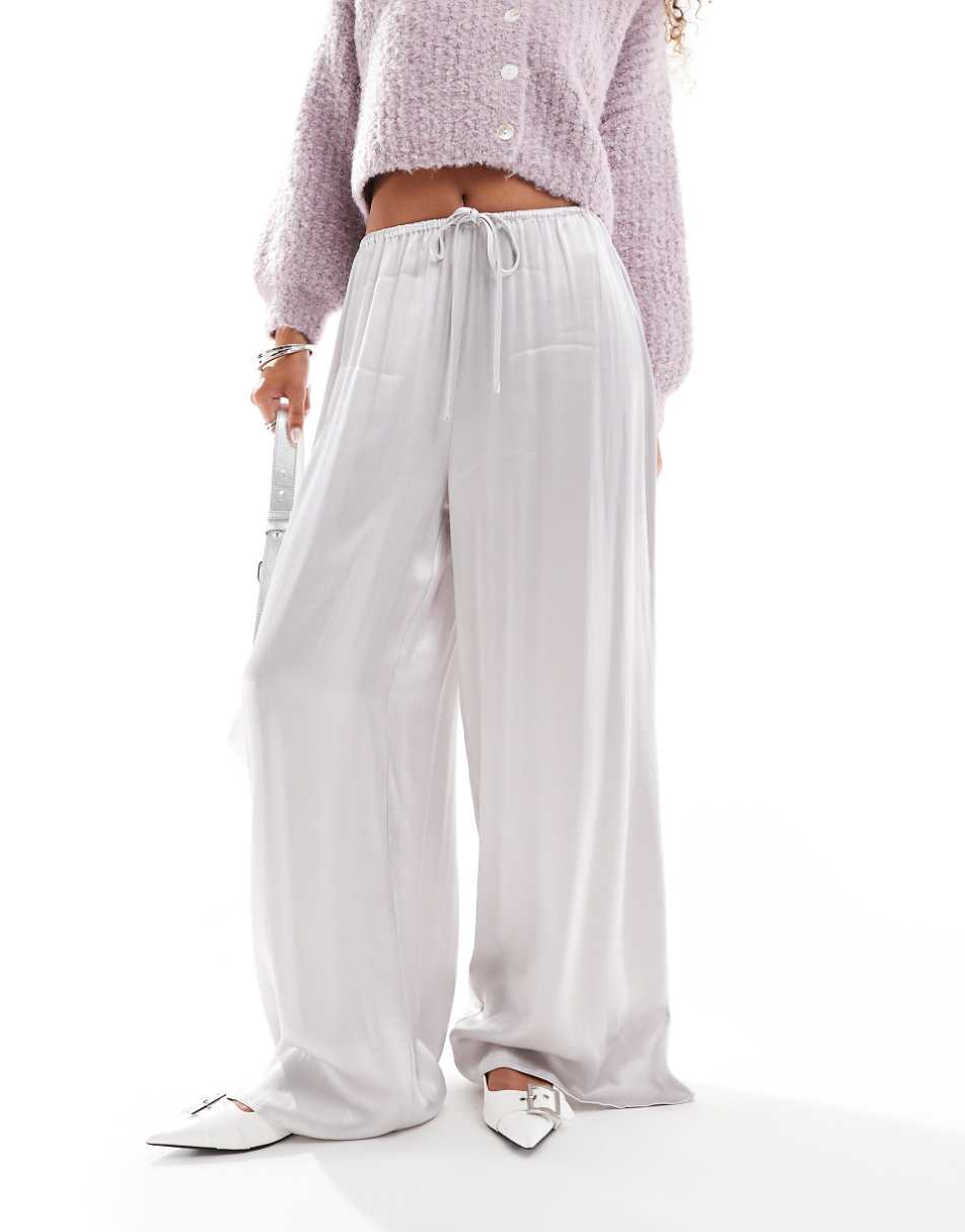 VRG GRL effie wide leg satin pants in silver gray