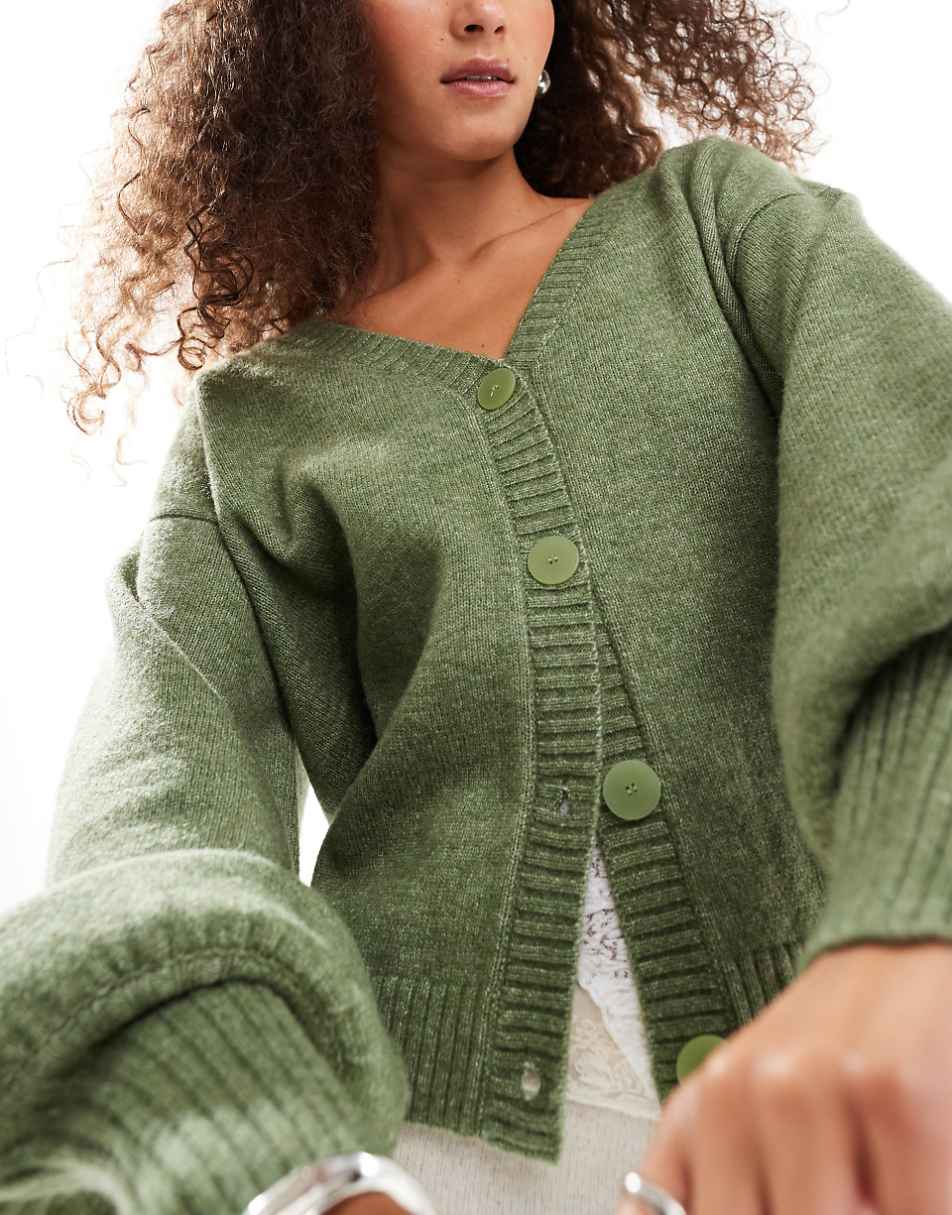 VRG GRL sorrentino fluffy relaxed knit cardigan in olive