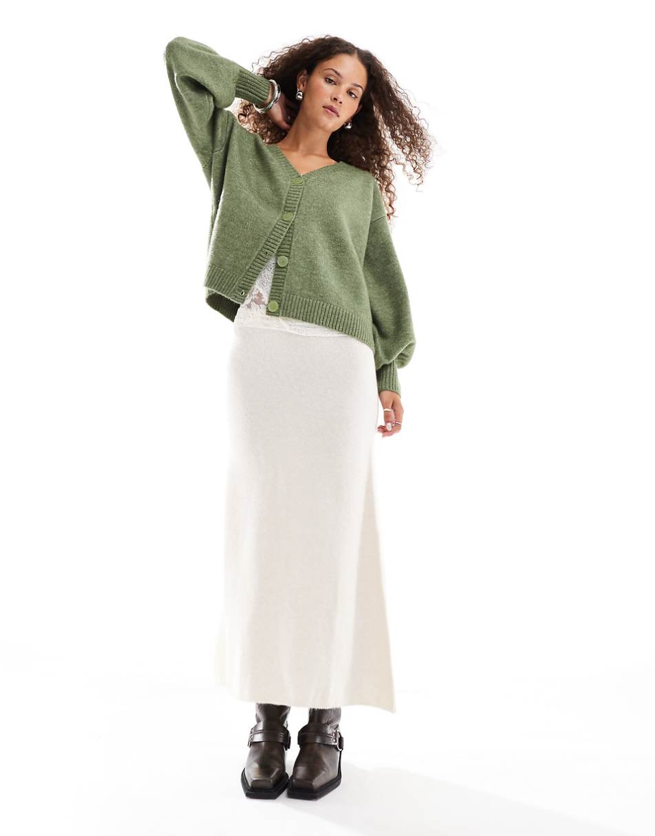 VRG GRL sorrentino fluffy relaxed knit cardigan in olive