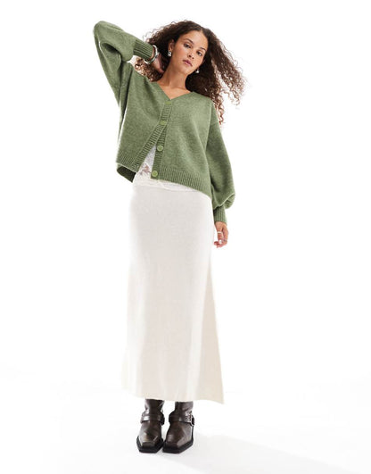 VRG GRL sorrentino fluffy relaxed knit cardigan in olive