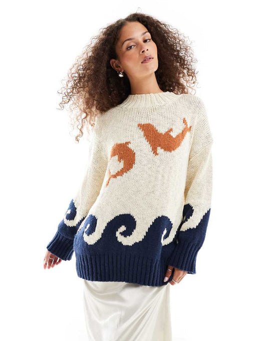 VRG GRL ace of something dolphin intarsia oversized sweater in multi